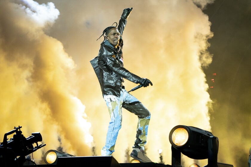 Travis Scott performs on day one of the Astroworld Music Festival at NRG Park on Friday, Nov. 5, 2021, in Houston. (Photo by Amy Harris/Invision/AP)