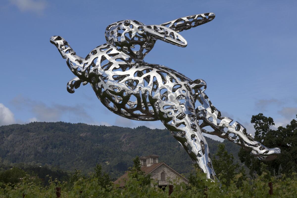 "Bunny Foo Foo" is a 35-foot stainless steel leaping rabbit sculpture at Hall Wines vineyards in St. Helena.