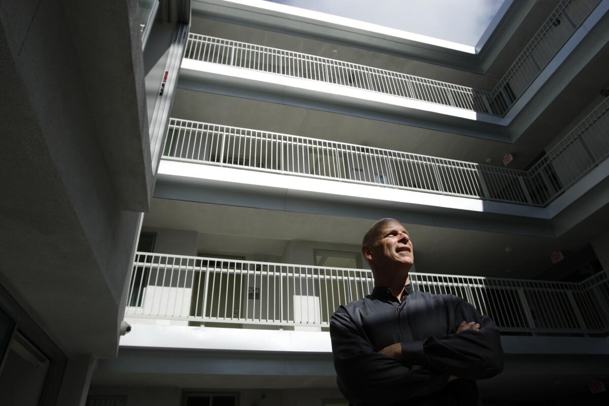 Tod Lipka in the interior courtyard of Step Up On 5th apartment building in Santa Monica.