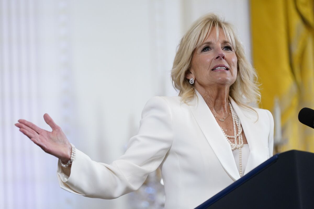 FILE - First lady Jill Biden speaks at an event in the East Room of the White House, June 15, 2022, in Washington. Jill Biden is helping National Geographic promote its upcoming documentary series on U.S. national parks. The first lady introduces each installment of “America's National Parks." The five-night series is scheduled to air on consecutive nights beginning Aug. 29. (AP Photo/Patrick Semansky, File)