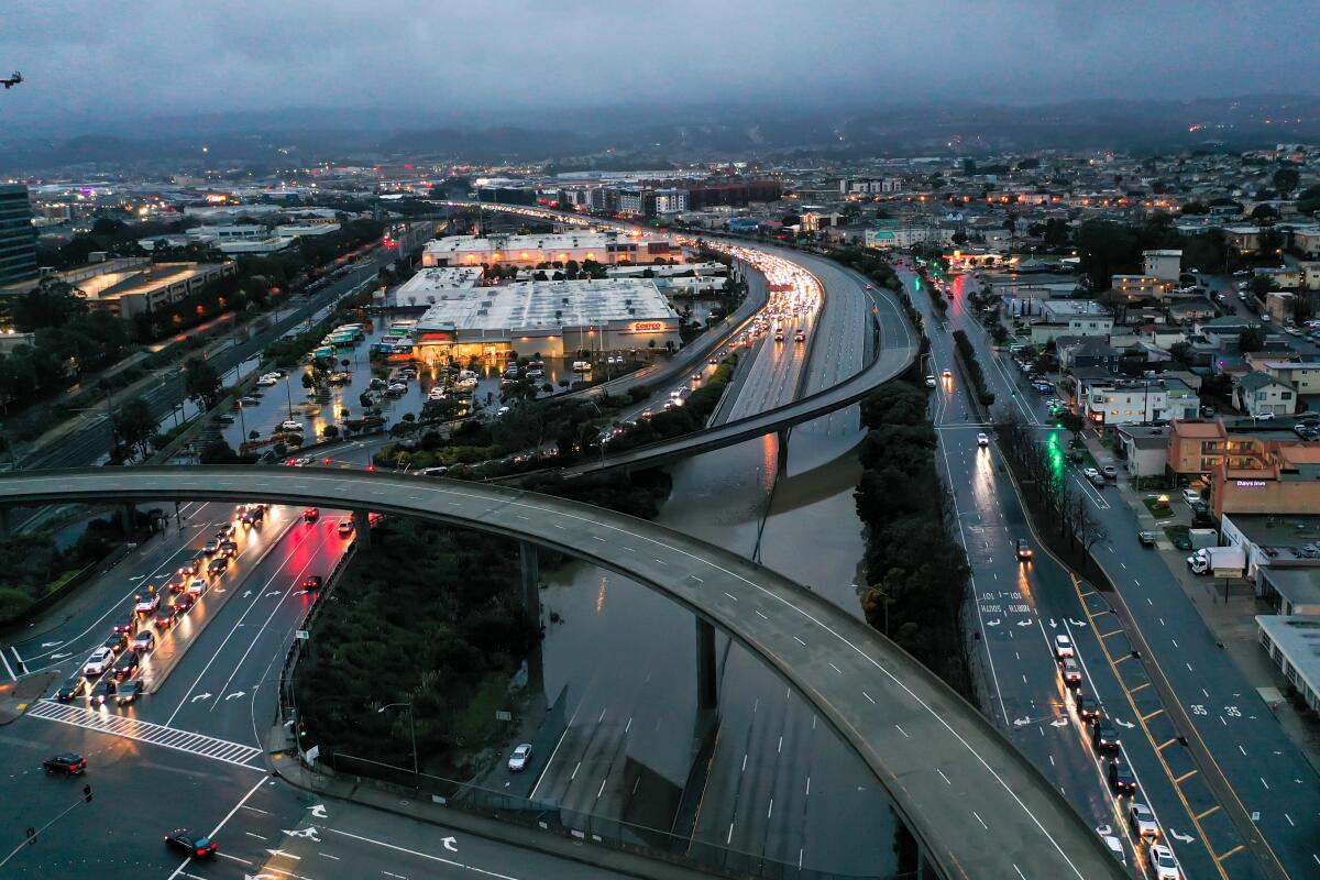 An aerial view of flooding on Highway 101 as a heavy rainstorm hits the West Coast on December 31, 2022 in San Francisco.