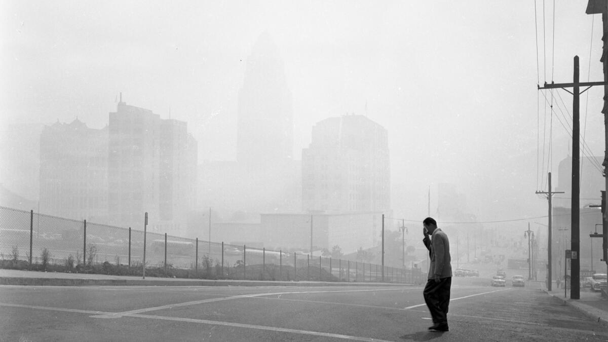 On Sept. 13, 1955, City Hall was barely visible from 1st and Olive streets as Los Angeles was shrouded in smog.