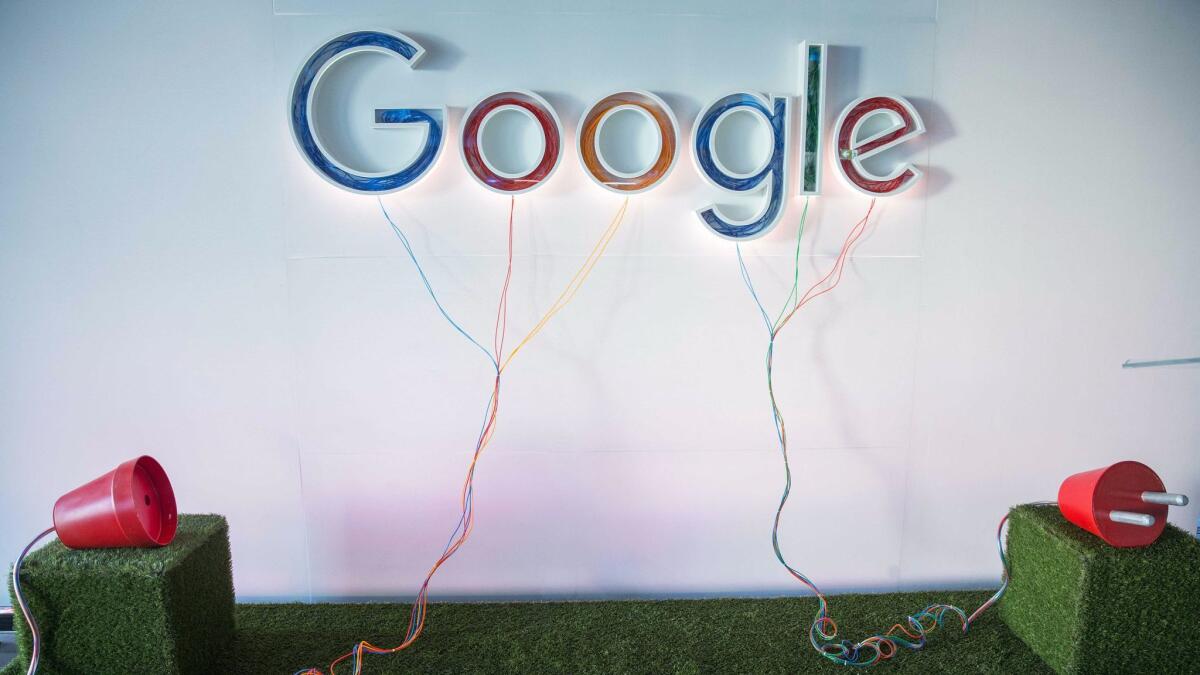 The Google logo at the opening of the new Google data center in Eemshaven, Netherlands.