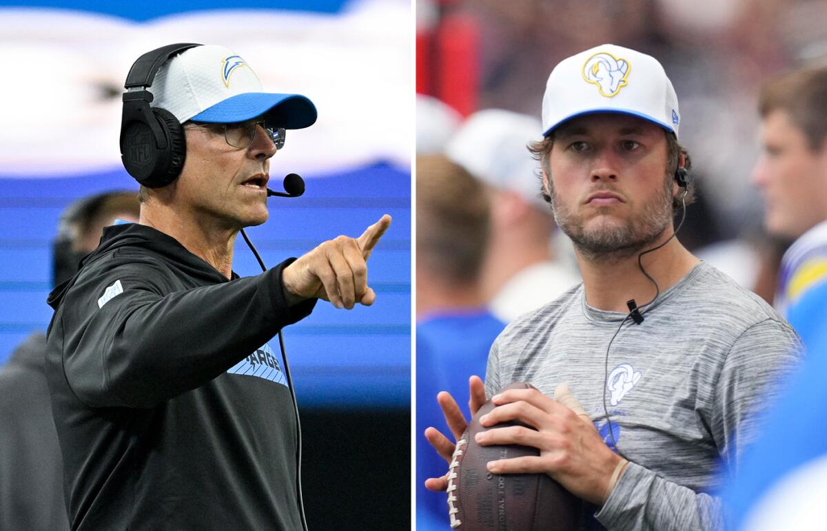 A combination of photos shows Chargers coach Jim Harbaugh and Rams quarterback Matthew Stafford.