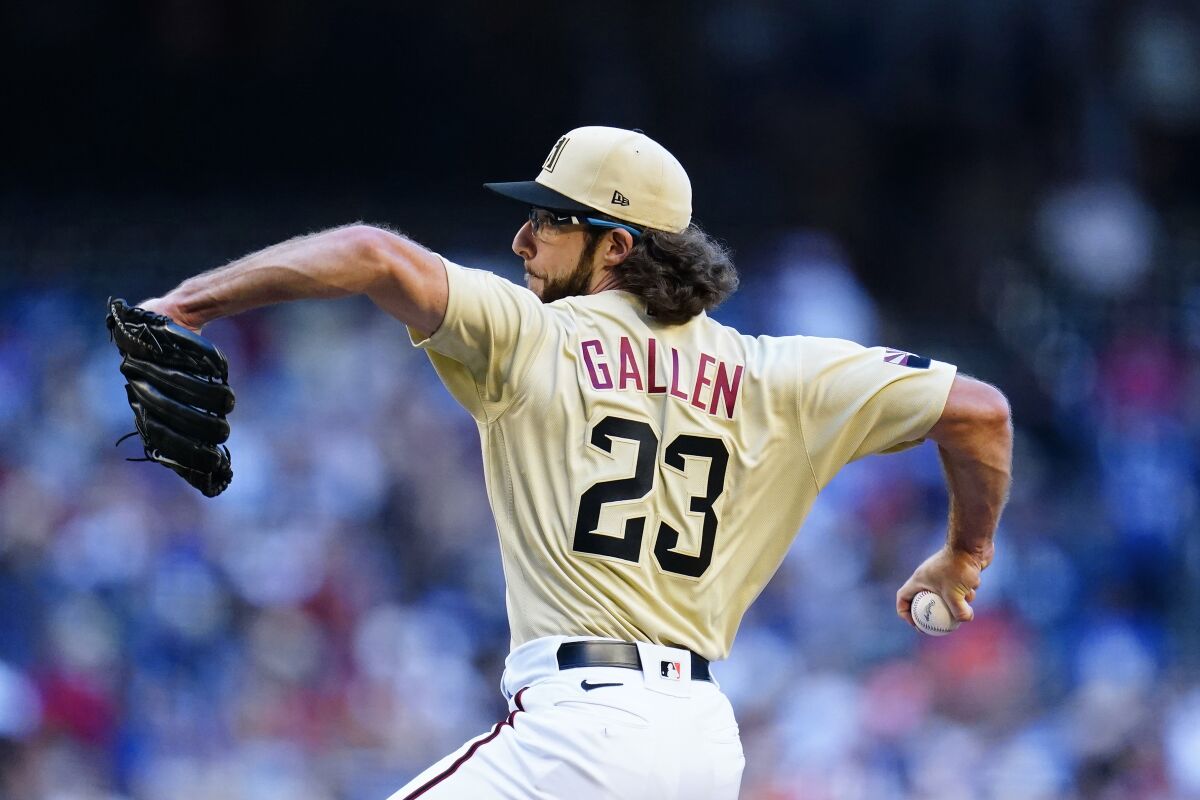 Arizona Diamondbacks starting pitcher Zac Gallen delivers against the Dodgers in the first inning Saturday.