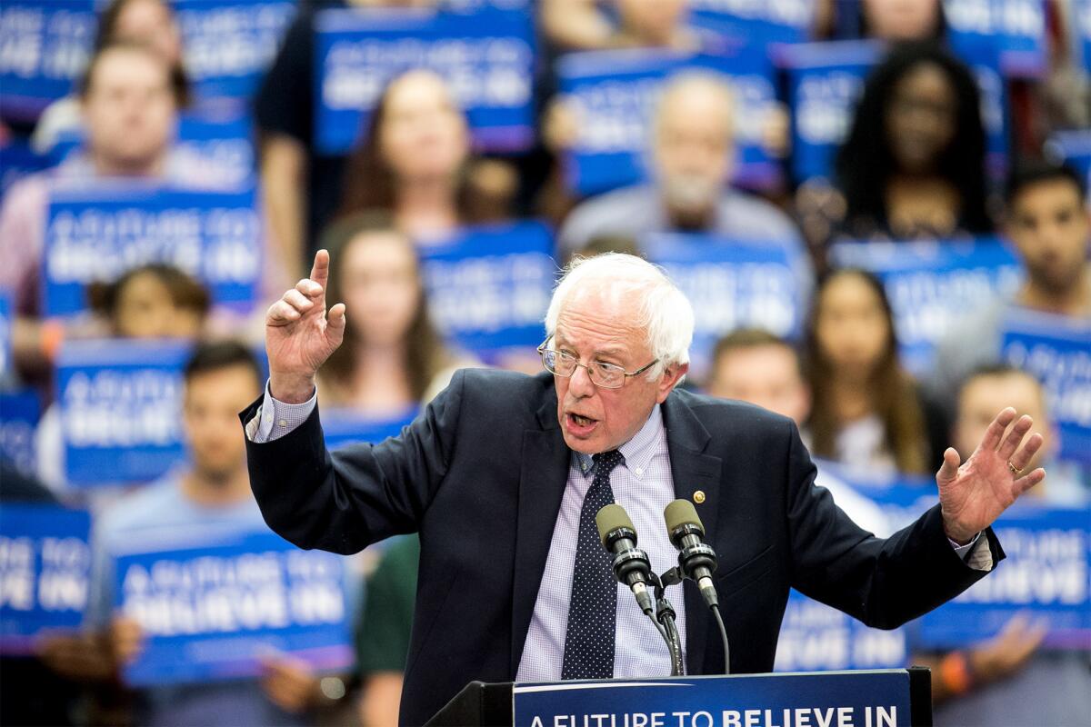 U.S. Senator and Democratic Party presidential candidate Bernie Sanders speaks during a rally at Penn State University in State College, Pa. on April 19.