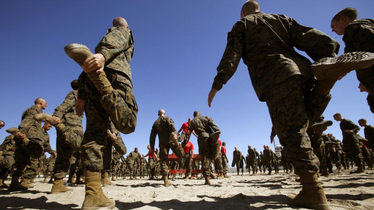 Marine Corps recruits exercise on the training grounds of the Marine Corps Recruit Depot in San Diego in 2011.