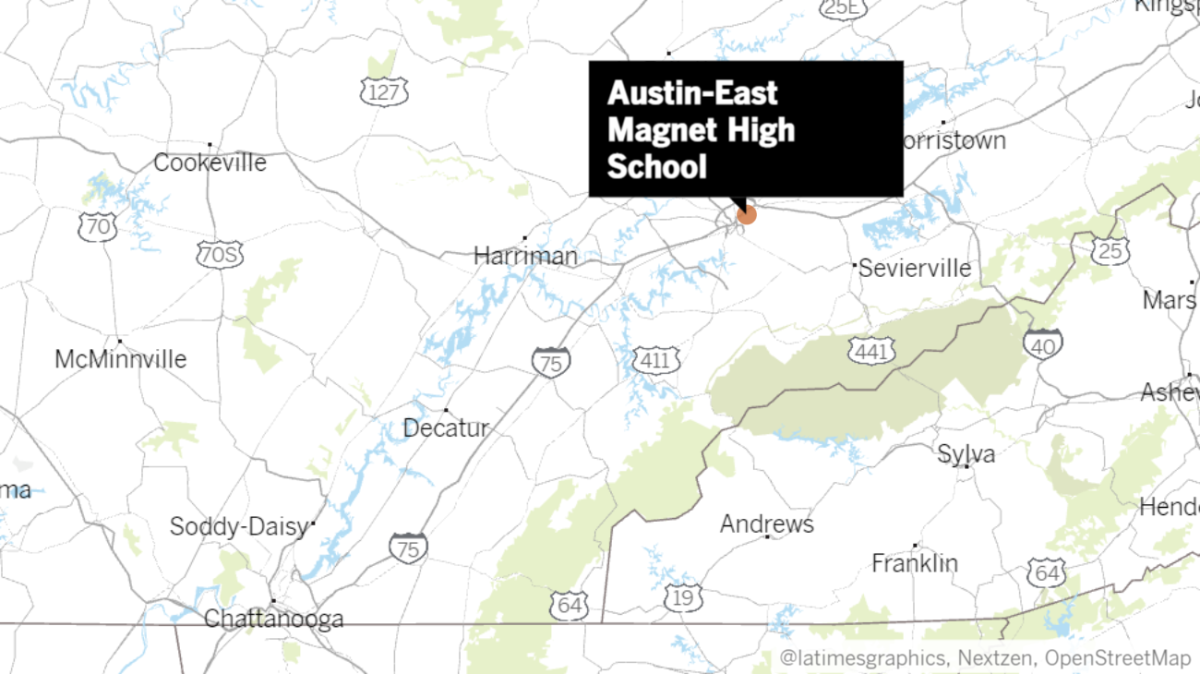 A Tennessee map showing the location of Austin-East Magnet High School