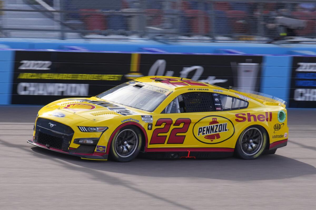 Joey Logano drives during qualifying for the NASCAR Cup Series auto race Saturday, Nov. 5, 2022, in Avondale, Ariz. (AP Photo/Rick Scuteri)