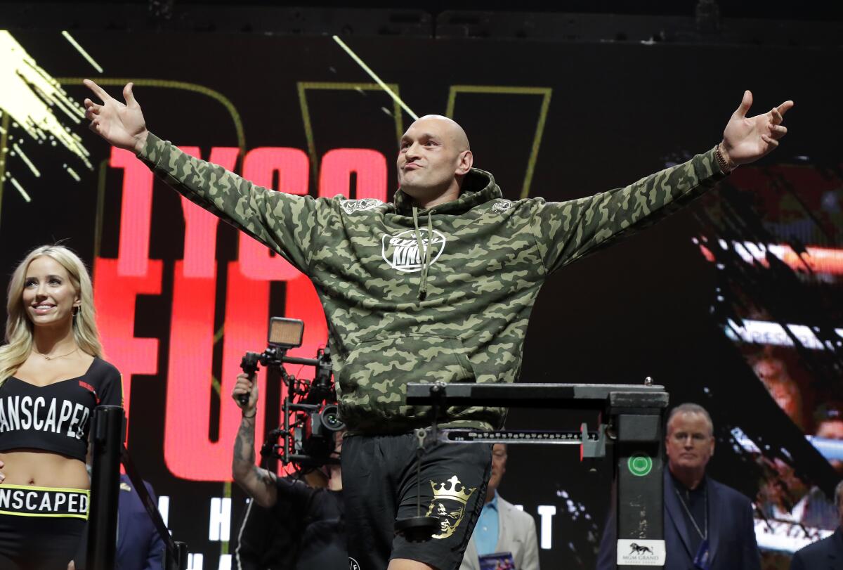 Tyson Fury arrives at a weigh-in for his February 2020 match against Deontay Wilder 