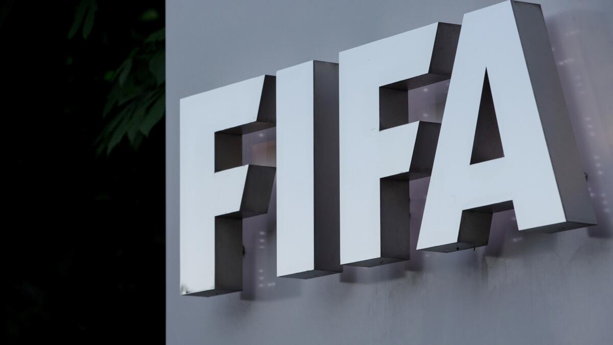 ZURICH, SWITZERLAND - JUNE 02: A FIFA logo sign is displayed at the FIFA headquarters on June 2, 2015 in Zurich, Switzerland. Joseph S. Blatter resigned as president of FIFA. The 79-year-old Swiss official, FIFA president for 17 years said a special congress would be called to elect a successor. (Photo by Philipp Schmidli/Getty Images) ** OUTS - ELSENT, FPG - OUTS * NM, PH, VA if sourced by CT, LA or MoD **