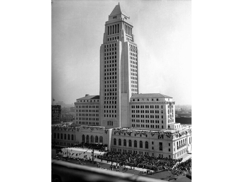 April 26, 1928: Parade on Spring Street during dedication of the new Los Angeles City Hall.