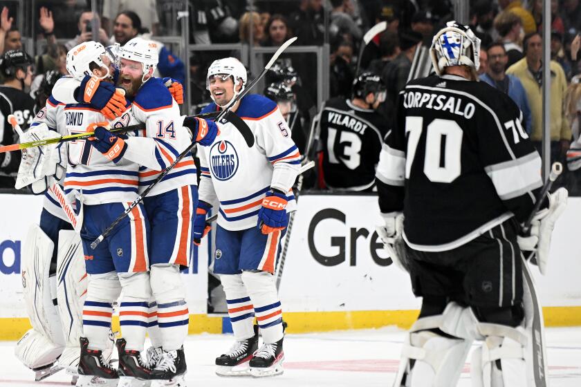 Los Angeles, California April 23, 2023-Kings goalie Joonas Korpisalo skates off the ice as the Oilers.