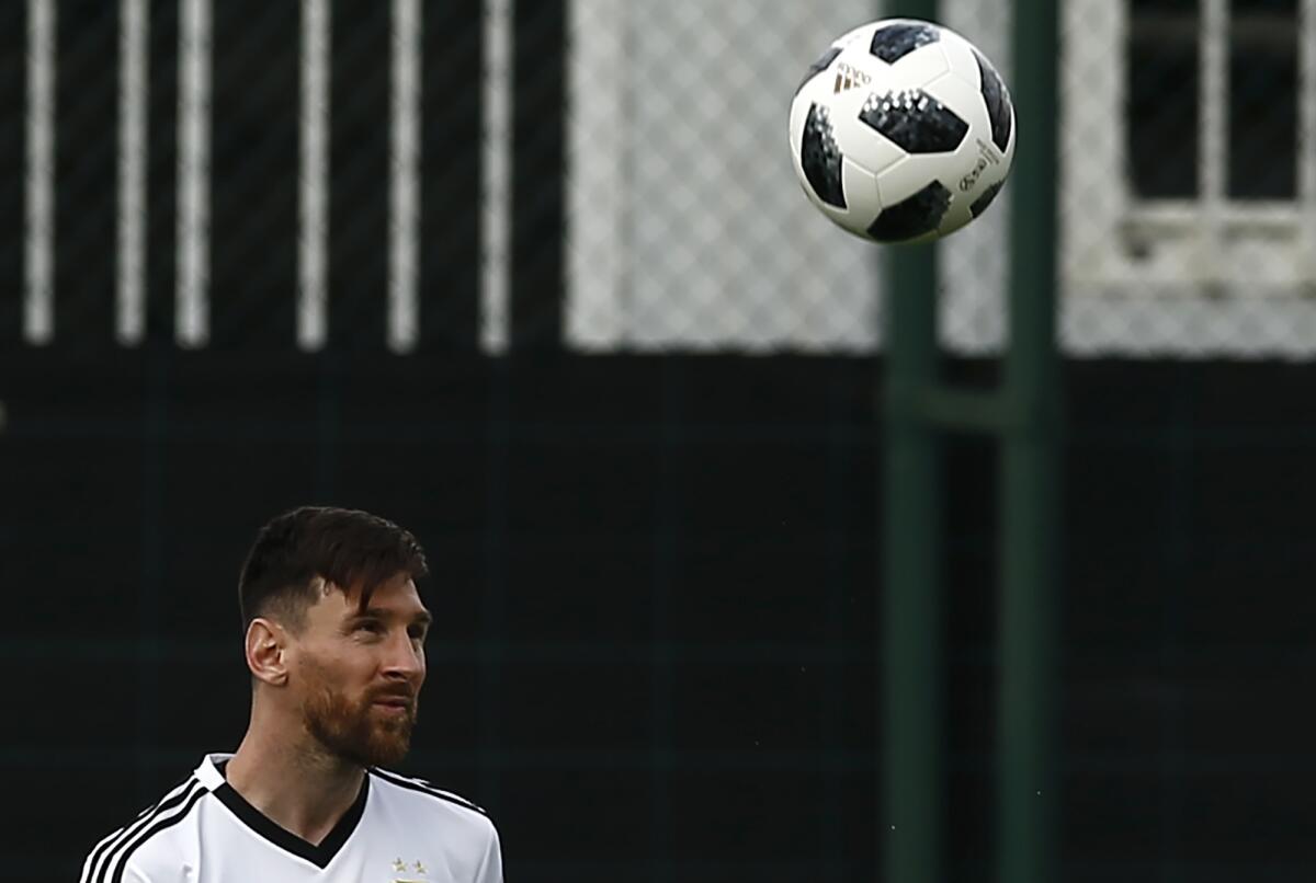 Argentina's Lionel Messi attends a team training session at the Sports Center FC Barcelona Joan Gamper, in Sant Joan Despi, Spain, on June 6, 2018.