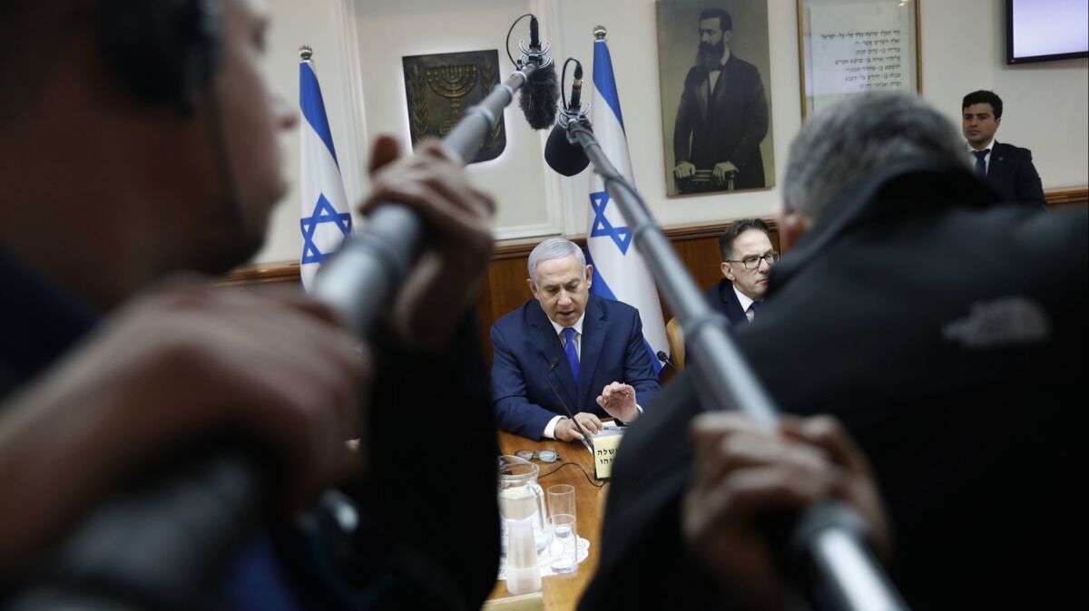 Benjamin Netanyahu chairs the weekly cabinet meeting in Jerusalem on March 3.