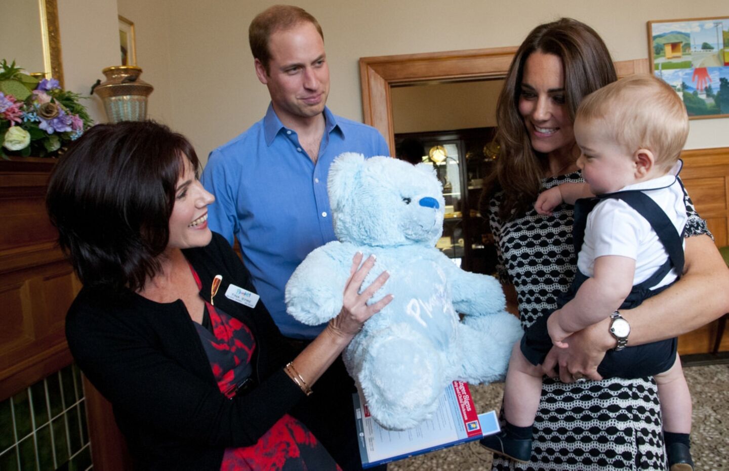 Prince William, Catherine and Prince George visit a Plunket parents' group at Government House on April 9 in Wellington.