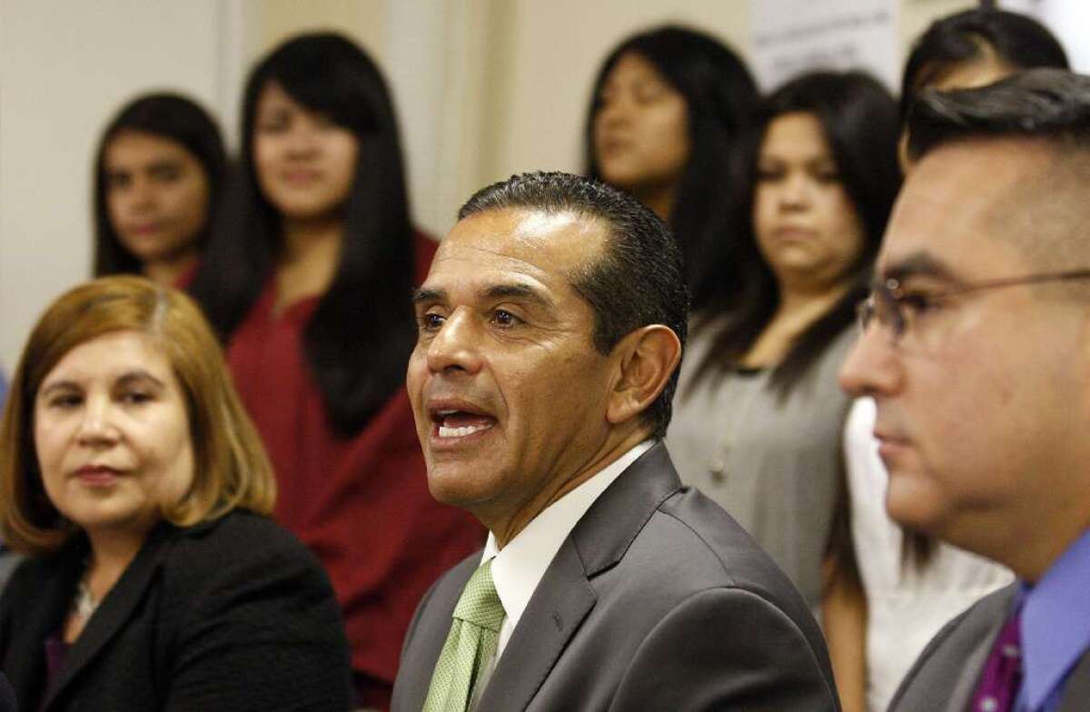Then-L.A. Mayor Antonio Villaraigosa at a 2012 news conference called to highlight the need for immigrant students to document their eligibility for President Obama's plan for so-called Dreamers.