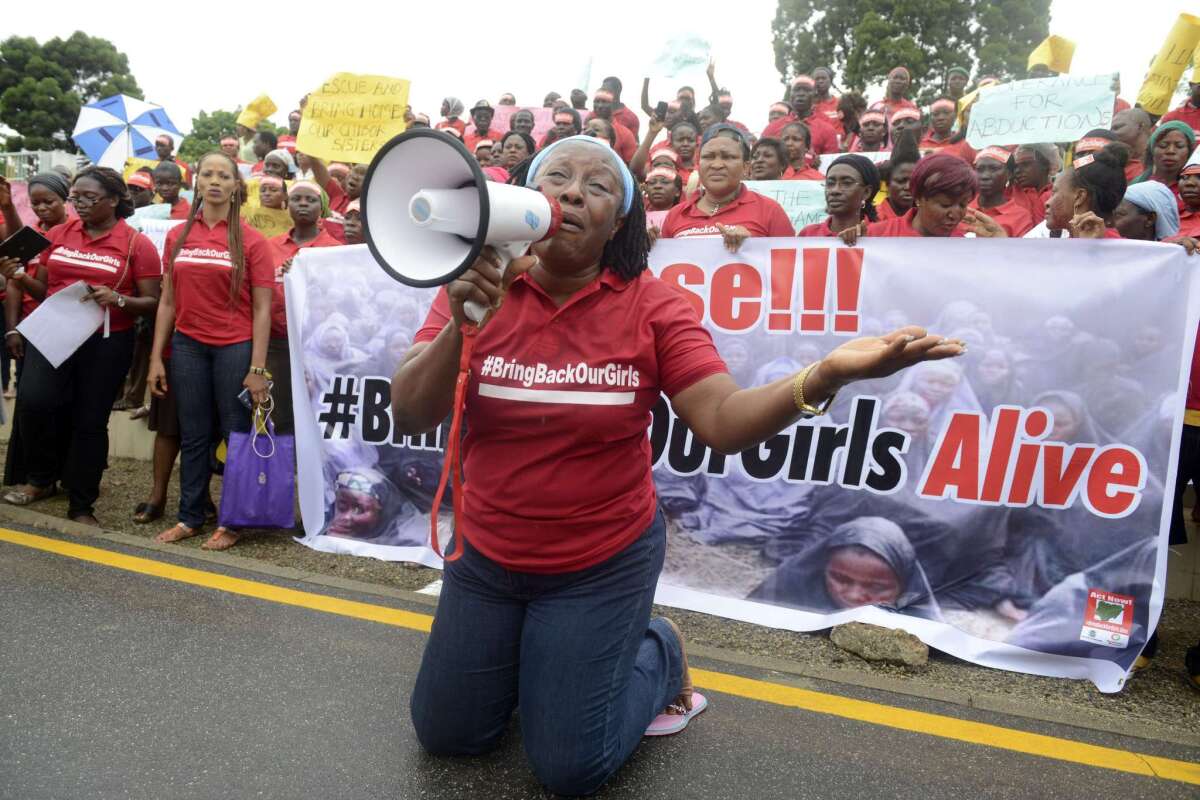 Patience Ozokwor, aka Mama G, pleads for the release of the more than 200 abducted Chibok school girls in Lagos during a demonstration by civil society groups.