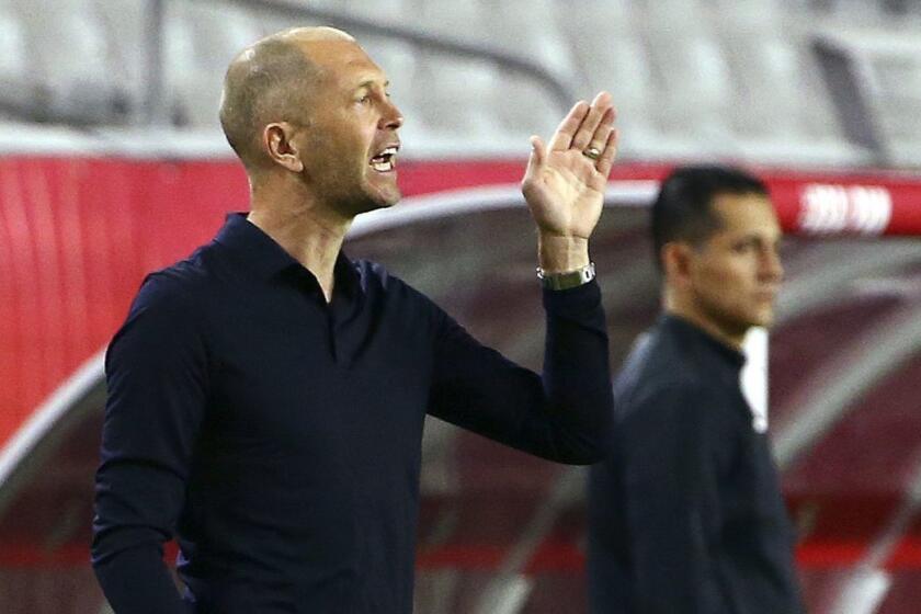 United States head coach Gregg Berhalter shouts instructions to his players during the first half of a men's international friendly soccer match against Panama, Sunday, Jan. 27, 2019, in Phoenix. (AP Photo/Ross D. Franklin)