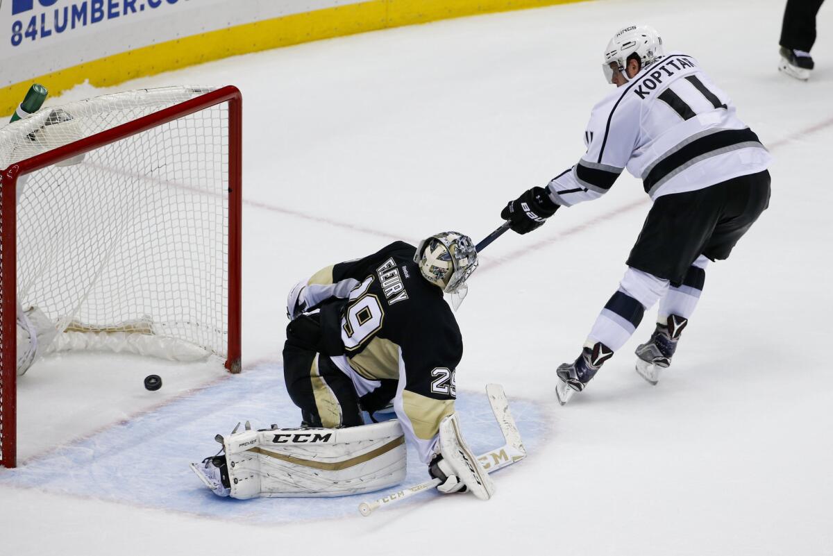 Kings forward Anze Kopitar scores on Pittsburgh Penguins goalie Marc-Andre Fleury during a shootout on Dec. 11.