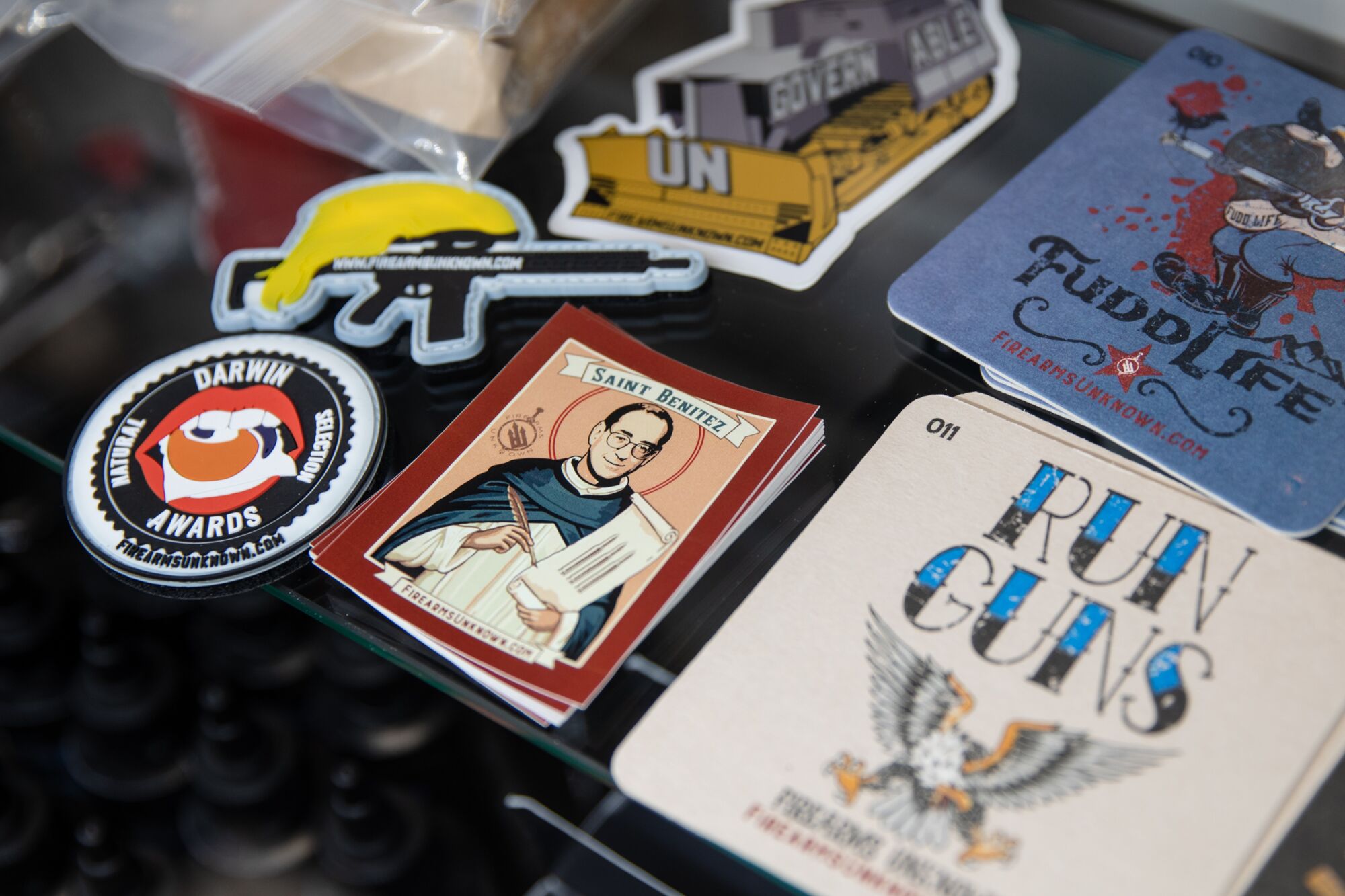 “Saint Benitez” stickers depicting U.S. District Judge Roger Benitez are sold for $1 at Hiram’s Guns