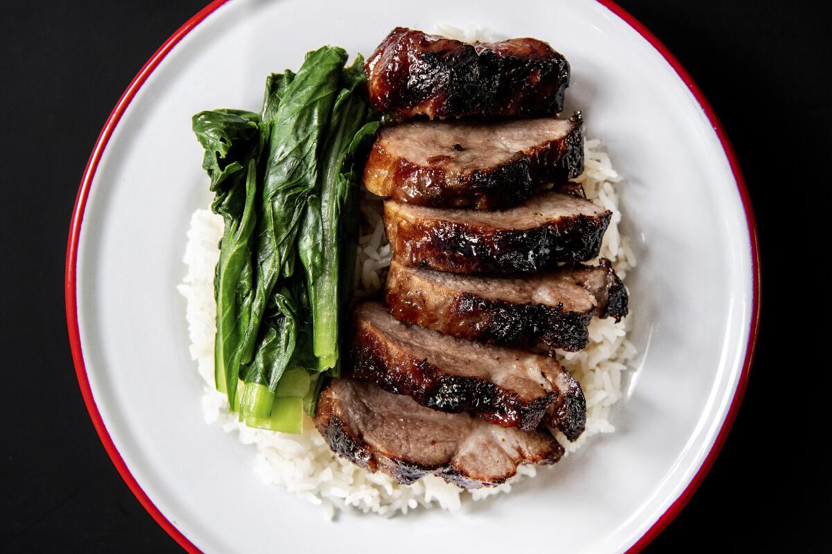 Char siu over rice from Pearl River Deli