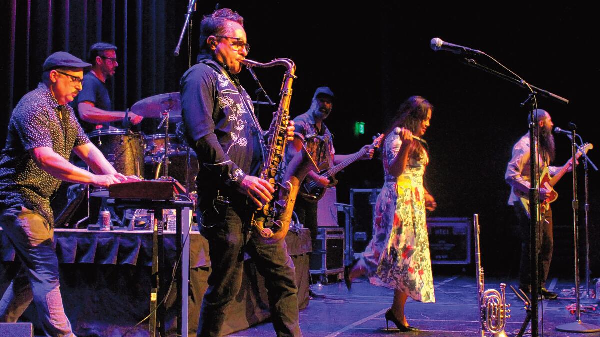 The Cambodian-American rock band, Dengue Fever, performs at an ArtPower concert.
