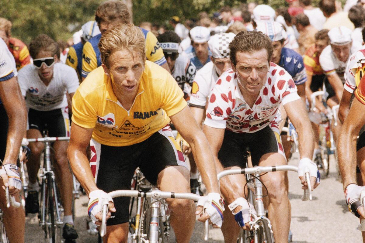 American cyclist Greg LeMond competing in the 1986 Tour de France.