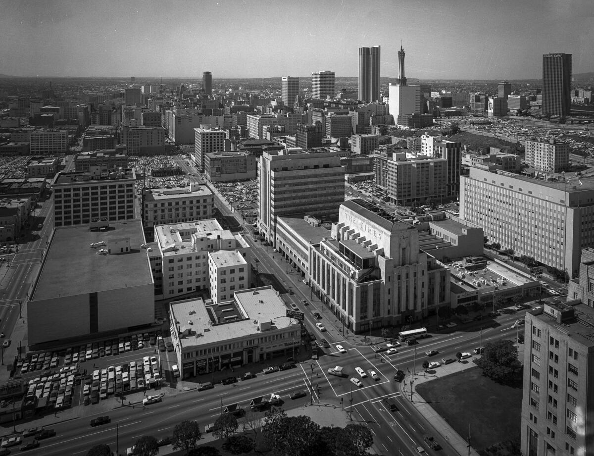 1970 image looking south on Spring Street from the top of Los Angeles City Hall. On the right are the Los Angeles Times buildings.