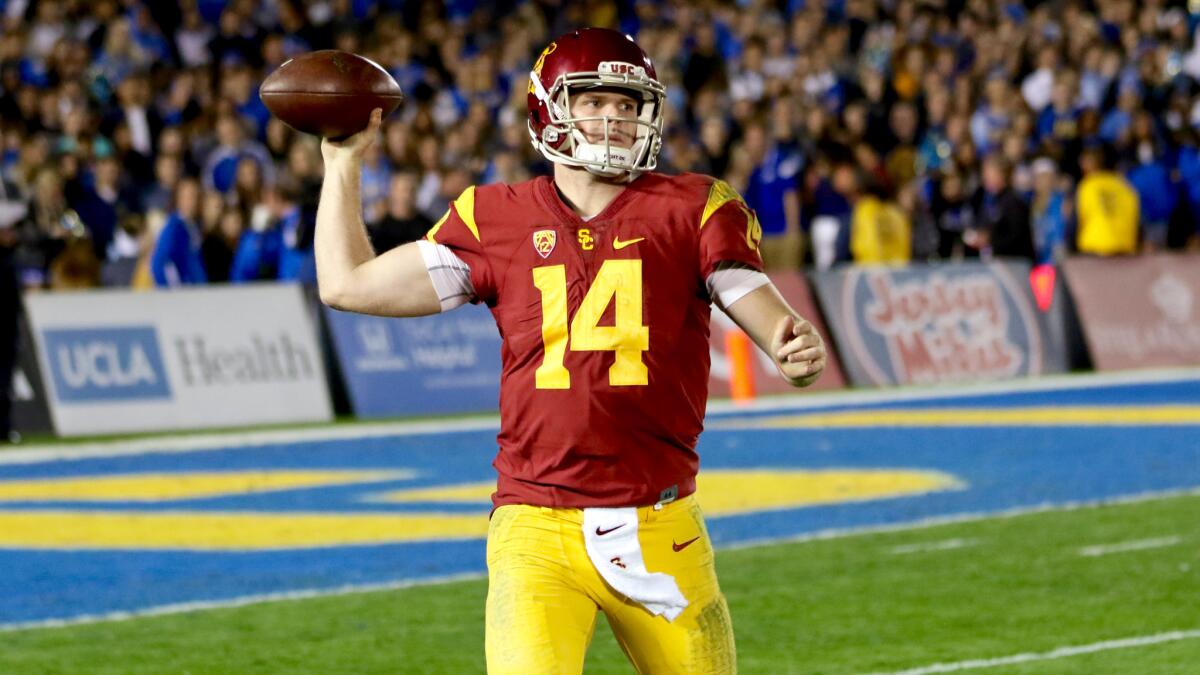 USC quarterback Sam Darnold throws a pass in the second half of a game against UCLA on Nov. 19.