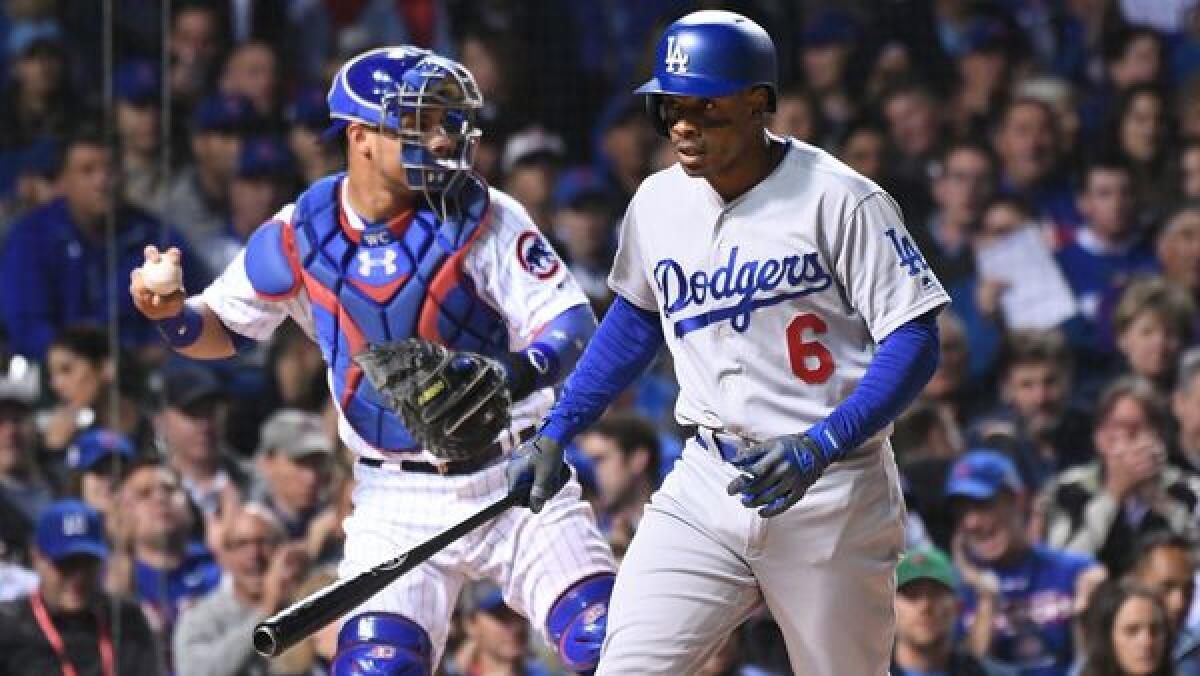 Dodgers' Curtis Grandrson strikes out against the Chicago Cubs on Oct. 18.