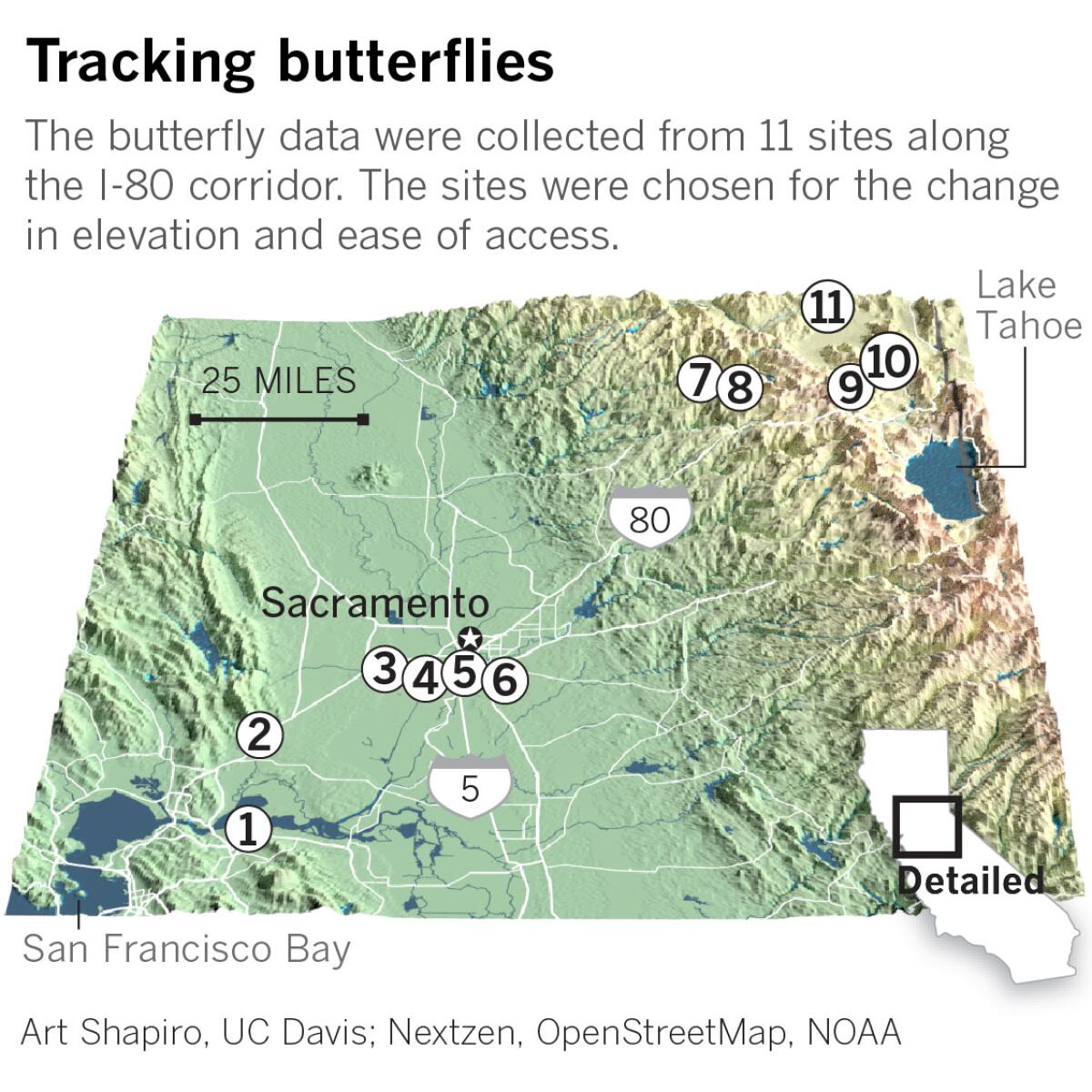 Map of northern California locating 11 sites where butterfly data was collected.