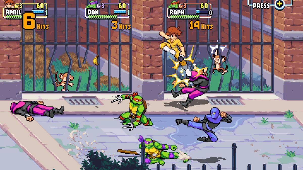 Teenage Mutant Ninja Turtles fight villains in front of jail cells with broken bars.