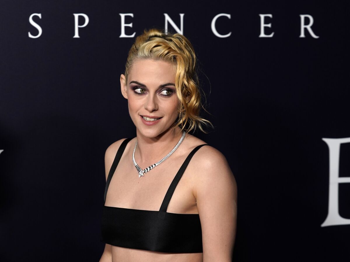 Kristen Stewart, the star of "Spencer," arrives at the premiere of the film at the Directors Guild of America, Tuesday, Oct. 26. 2021, in Los Angeles. (AP Photo/Chris Pizzello)