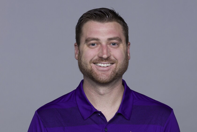 FILE - Andrew Janocko of the Minnesota Vikings NFL football team poses for a photo in January 2019. The Chicago Bears hired Janocko as their quarterbacks coach Thursday, Feb. 3, 2022. Janocko joins new coach Matt Eberflus' staff after spending the past seven years in a variety of roles under Mike Zimmer in Minnesota, most recently as the Vikings' quarterbacks coach this past season. (AP Photo, File)