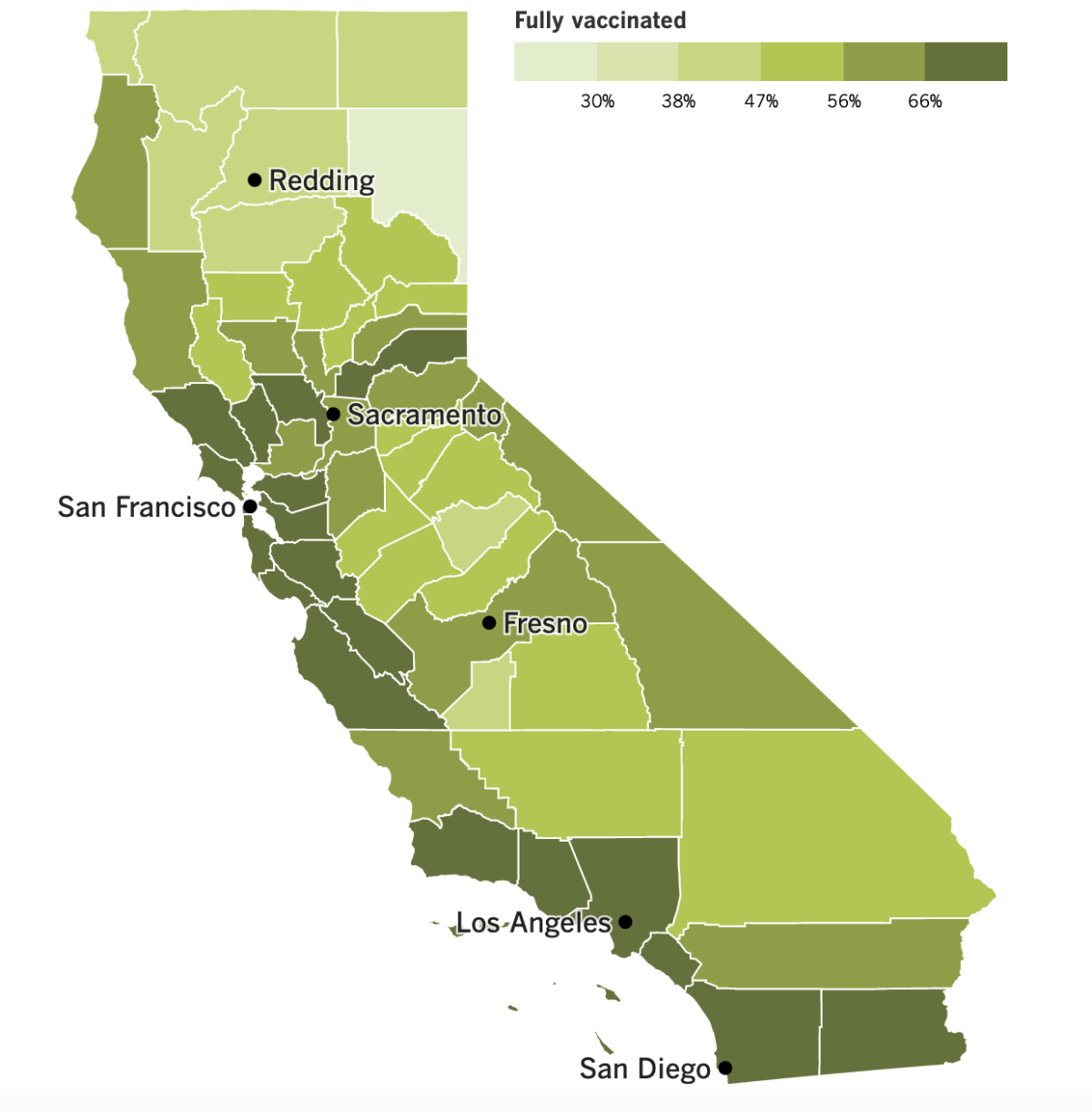 A map of California's vaccination progress by county as of Jan. 18.