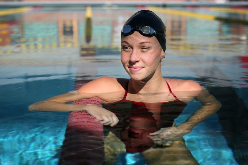 LOS ANGELES, CA-FEBRUARY 7 2019: Louise Hansson stands for a portrait on February 7, 2019, at University of Southern California, Los Angeles, California. Hansson is the team caption for the USC women's swim team. (Photo By Dania Maxwell / Los Angeles Times)