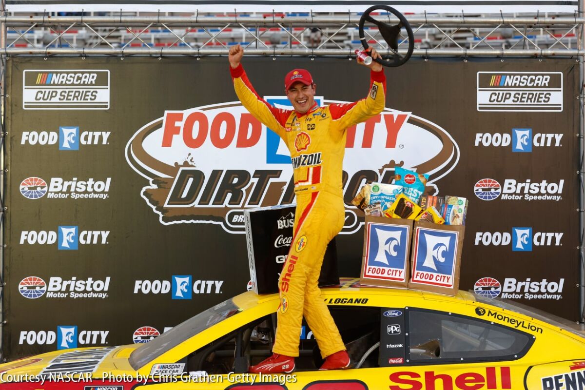 Joey Logano celebrates NASCAR Cup victory on dirt