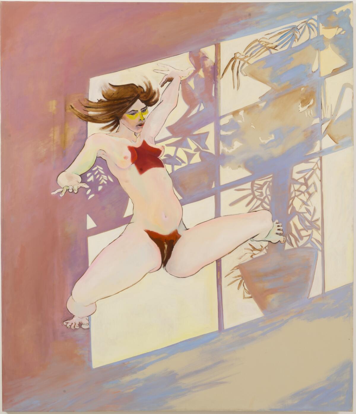 A painting of a nude woman midleap.