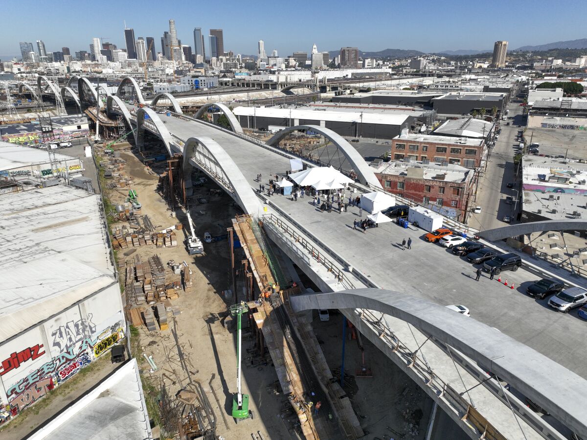 An aerial view of the Sixth Street Viaduct currently under construction and scheduled to open this summer 