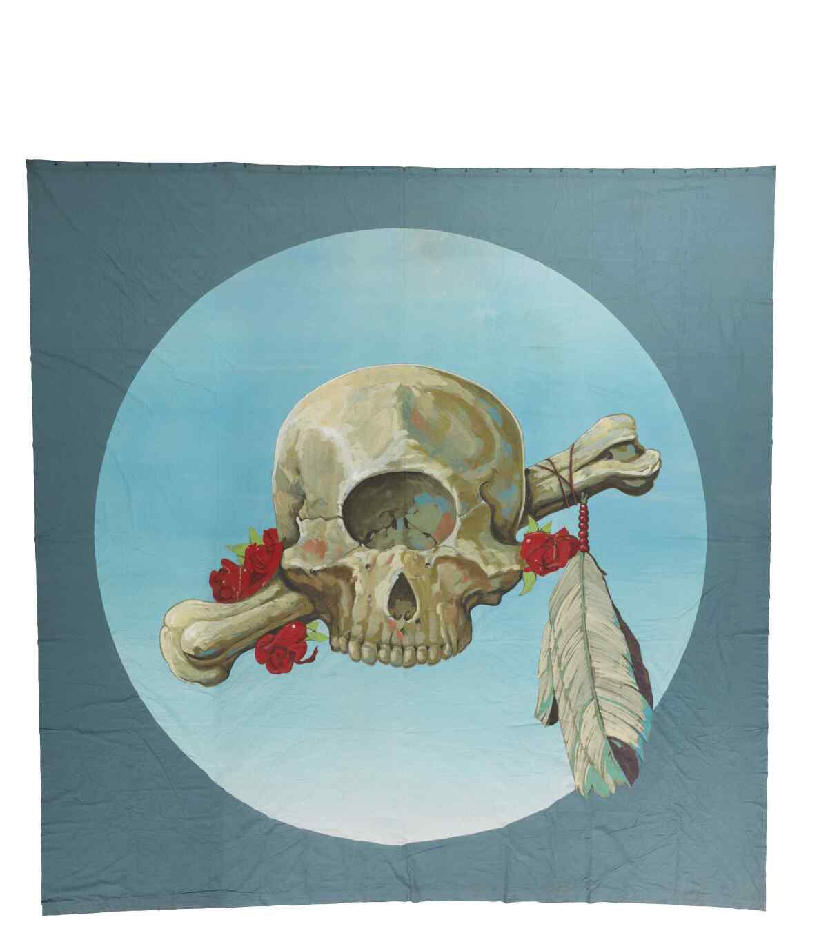 A painting of a skull with a red rose, feather and a bone running through it