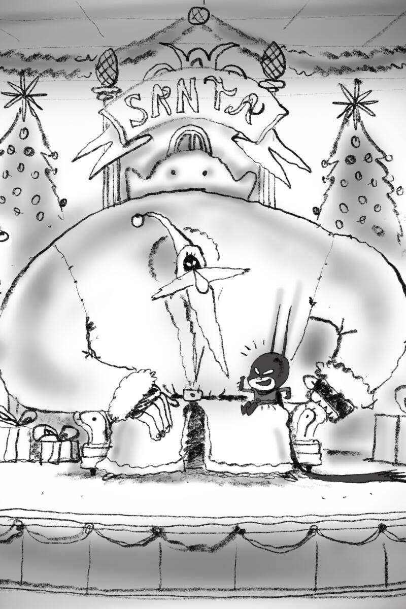 A black and white drawing of Santa with Damian on his lap and Christmas trees behind them.