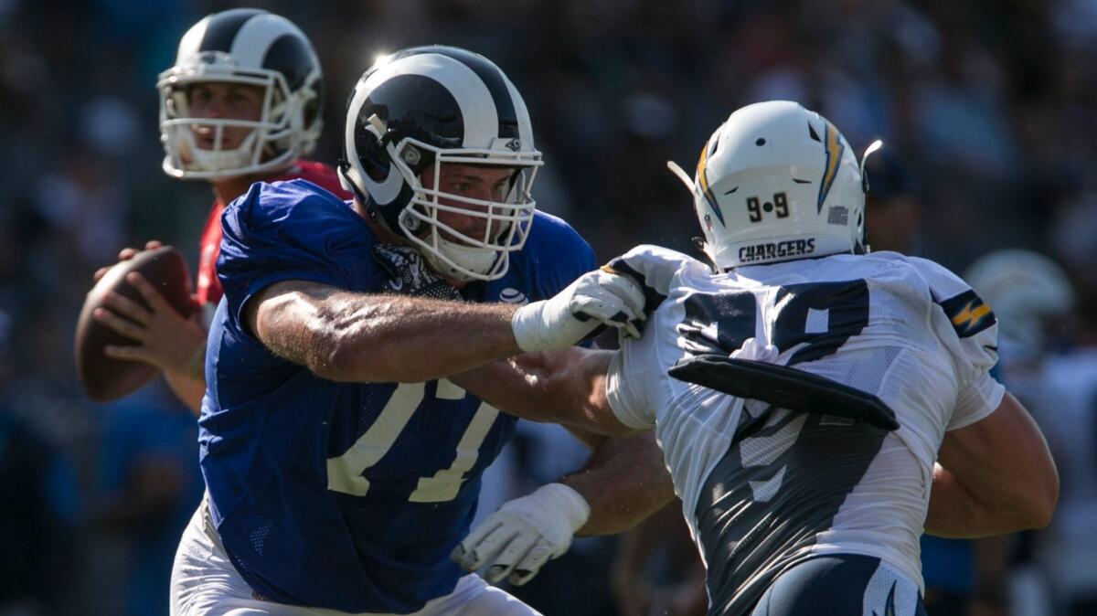 Rams offensive tackle Andrew Whitworth (77) in pass protection.