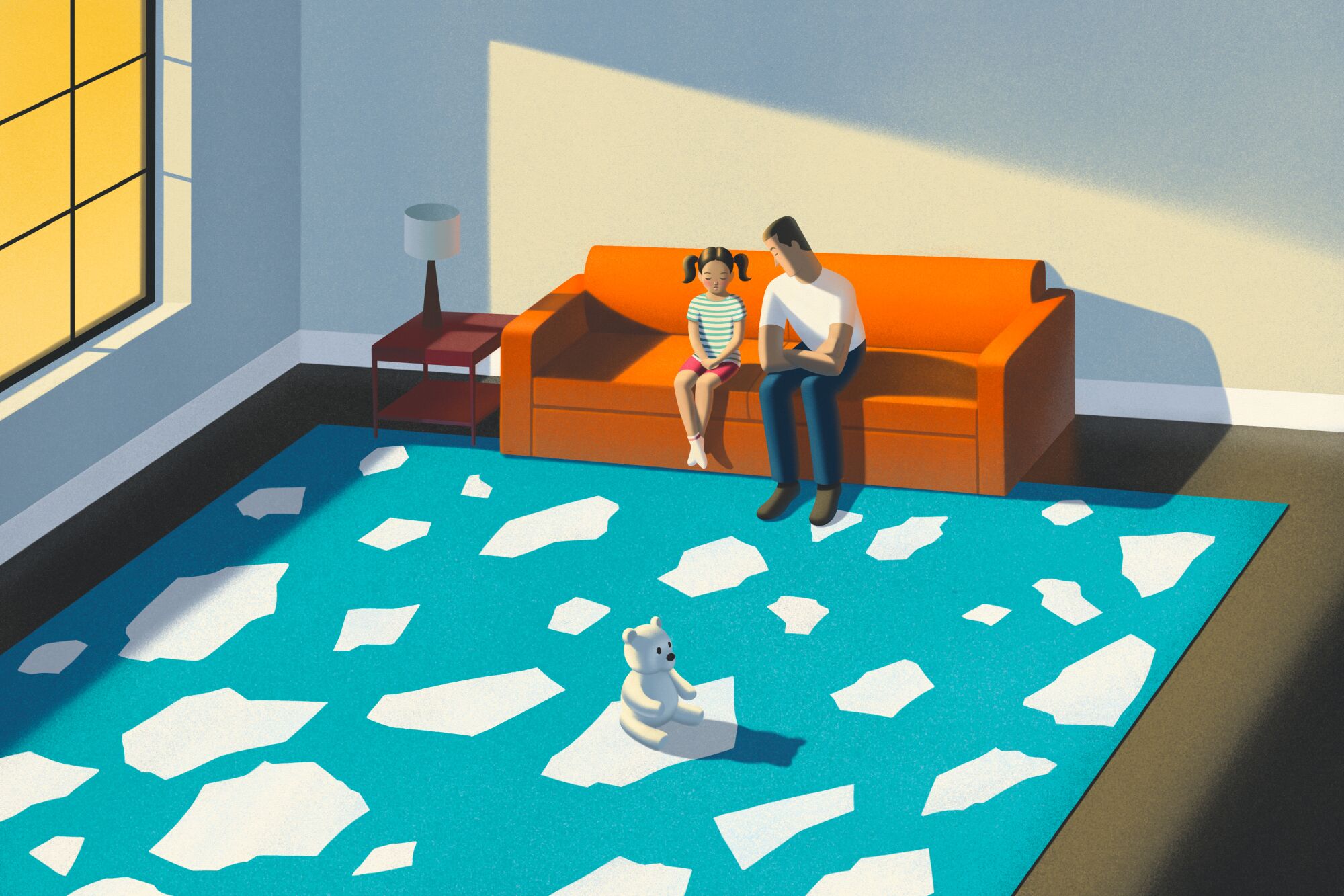 Illustration of a father and daughter on a sofa talking. the carpet looks like broken melting ice floes with a polar bear.