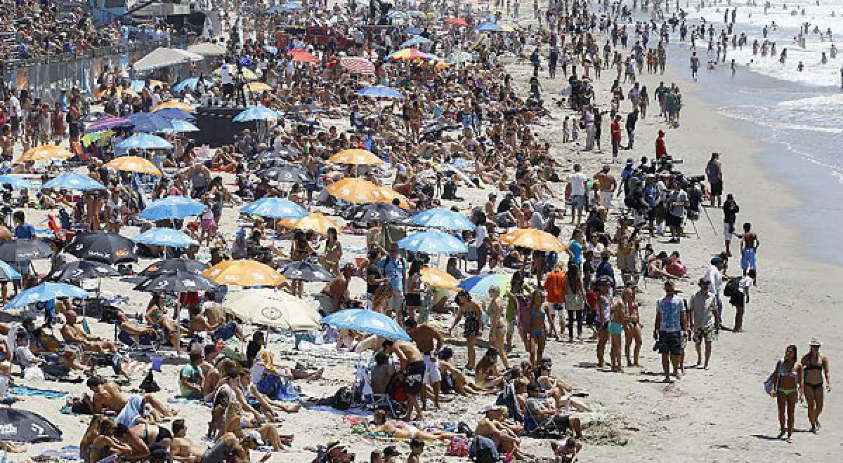 A survey conducted on behalf of the nonprofit Center for Biological Diversity finds that most registered voters in the United States believe that population growth is an important environmental issue. Here, crowds line the shoreline in Huntington Beach on a summer day.