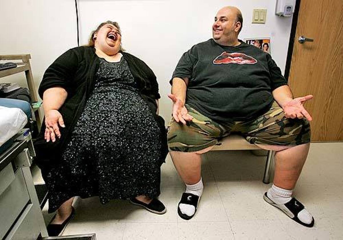 APPETITE FOR HUMOR: Siblings Sheila and Cyrus Tehrani reminisce about what little they ate for Thanksgiving 2005. Weighing 579 and 578 pounds, respectively, before their surgery last June, they took out a loan on the family home to finance the operations.