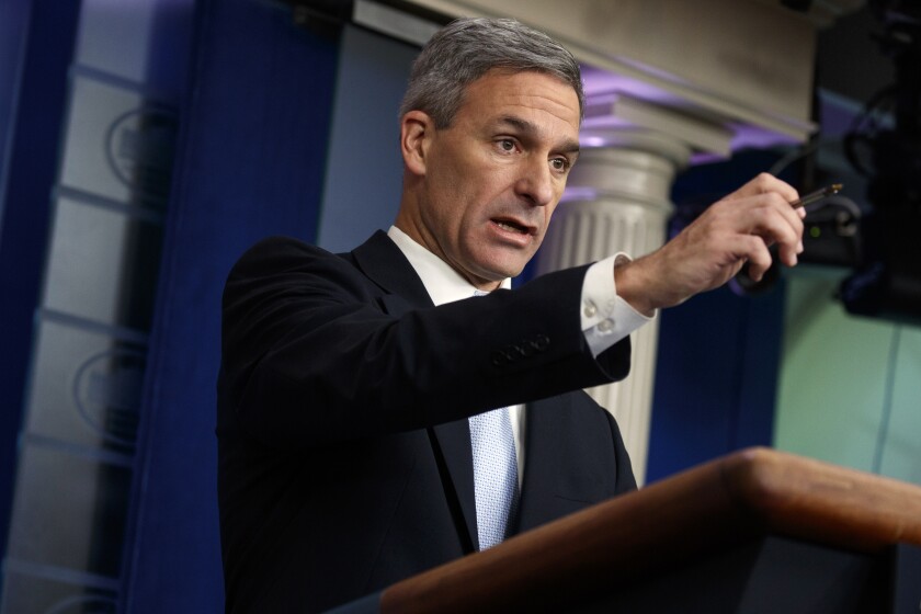 FILE - In this Aug. 12, 2019 file photo Acting Director of United States Citizenship and Immigration Services Ken Cuccinelli, speaks during a briefing at the White House in Washington. The Trump administration has unveiled new rules that will make it harder for children of some immigrants serving in the military to obtain citizenship. U.S. Citizenship and Immigration Services released updated guidance Wednesday, Aug. 28, 2019, that appears to mostly affect non-citizen service members. (AP Photo/Evan Vucci,File)