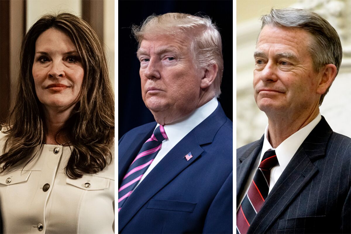 From left, Idaho Lt. Gov. Janice McGeachin, former President Trump, Idaho Gov. Brad Little