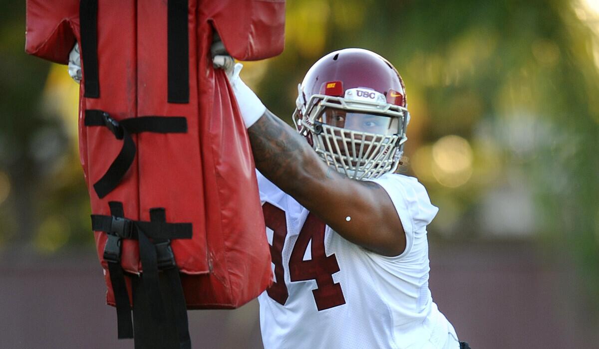 USC defensive Leonard Williams, shown on Aug. 4, returned to most drills Saturday after injuring a shoulder last week.