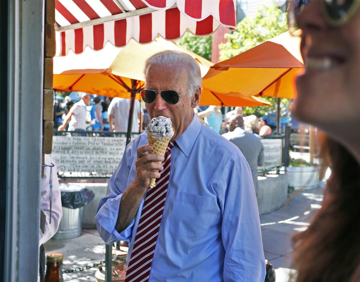Vice President Joe Biden eats ice cream during a stop Tuesday in Denver last summer before heading to Los Angeles.